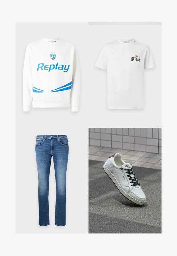 Bela majica s kapuco z modrim logotipom "Replay", ekipnim grbom s zvezdami in modrimi diagonalnimi črtami na pasu in rokavih. Mehka tekstura.; Bela bombažna majica s kratkimi rokavi, ki ima črn in zlat logotip "REPLAY GRAND HOTEL" na levem prsnem delu. Enostaven dizajn, običajen fit.; Modra kavbojka s ravno krojem, ki vsebuje svetlo bledenje, pet žepov in gumb in zadrgo. Šivano okrasje vzdolž šivov.; Bele usnjene superge s perforirano kapico, črnimi vezalkami in akcentom na peti. Imajo blagovno znamko "REPLAY" in trden gumijast podplat.