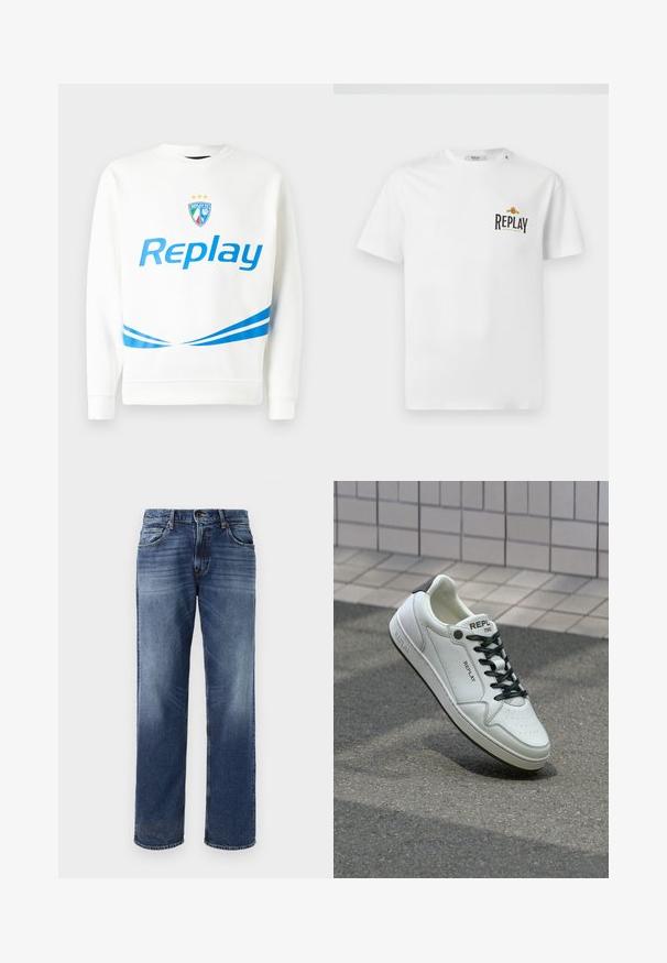 Bílá mikina s modrým logem "Replay", týmovým znakem se hvězdami a modrými diagonálními pruhy na pasu a rukávech. Měkká textura.; Bílá bavlněná tričko s krátkými rukávy, s černým a zlatým logem "REPLAY GRAND HOTEL" na levém prsu. Jednoduchý design, standardní střih.; Pánské modré džínové kalhoty s rovnými nohavicemi, mírným vyblednutím, pěti kapsami a zapínáním na knoflík.; Bílé kožené tenisky s perforovanou špičkou, černými tkaničkami a akcentem na patě. Obsahují značkování "REPLAY" a pevnou gumovou podešev.