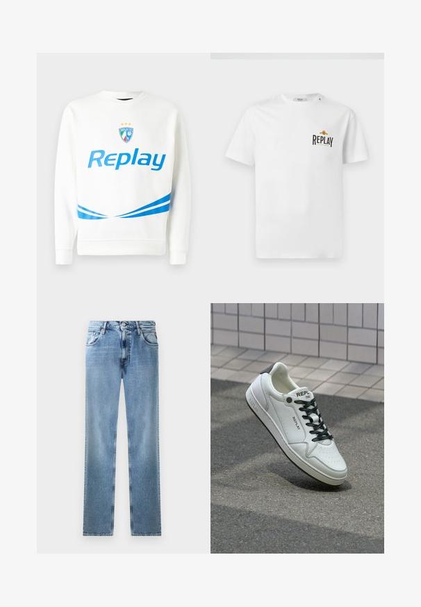 Biely mikina s modrým logom "Replay", tímovým erbom so hviezdami a modrými diagonálnymi pruhmi na páse a rukávoch. Mäkká textúra.; Biela bavlnená tričko s krátkymi rukávmi, s čiernym a zlatým logom "REPLAY GRAND HOTEL" na ľavom prsníku. Jednoduchý dizajn, klasický strih.; Svetlomodré džínsy so rovnými nohavicami, s vreckami, medenými nitmi a zapínaním na gombík. Majú vyblednutý dizajn a čistý lem.; Biele kožené tenisky s perforovanou špičkou, čiernymi šnúrkami a akcentom na päte. Obsahujú značku "REPLAY" a pevnú gumovú podrážku.