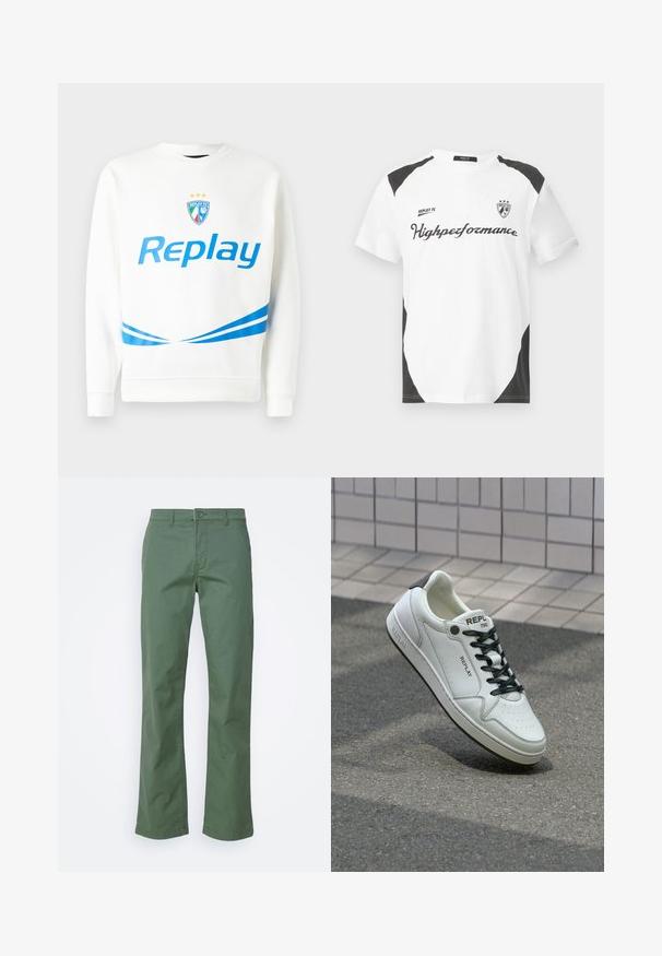 Bela majica s kapuco z modrim logotipom "Replay", ekipnim grbom s zvezdami in modrimi diagonalnimi črtami na pasu in rokavih. Mehka tekstura.; Bela kratka majica s kratkimi rokavi z črnimi detajli. Vsebuje logo "REPLAY FC" in besedilo "Highperformance" v športnem fontu. Narejena je iz gladkega materiala.; Zelene bombažne hlače s ravnim krojem, ki imajo sprednji gumb in stranske žepe. Gladka tekstura in brez vzorcev.; Bele usnjene superge s perforirano kapico, črnimi vezalkami in akcentom na peti. Imajo blagovno znamko "REPLAY" in trden gumijast podplat.