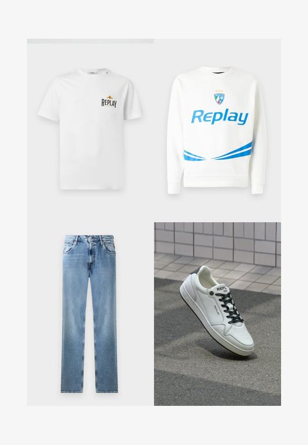 Valge pusaku featuring sinine "Replay" logo, meeskonna embleem tähtedega ning sinised diagonaalsed triibud vöökoha ja varrukate juures. Pehme tekstuur.; Valge puuvillane T-särk lühikeste varrukatega, vasakul rinnal musta ja kuldse "REPLAY GRAND HOTEL" logoga. Lihtne disain, tavaline lõige.; Heledad sinine teksariie sirge lõikega, millel on taskud, kuprakatted ja nööbiga sulgemine. Omab pleekinud disaini ja puhtaid ääriseid.; Valge nahast tenniseki, millel on perforeeritud varvas, mustad paelad ja kontsas rõhutus. Omab "REPLAY" brändingut ja ühtlast kummist tallat.