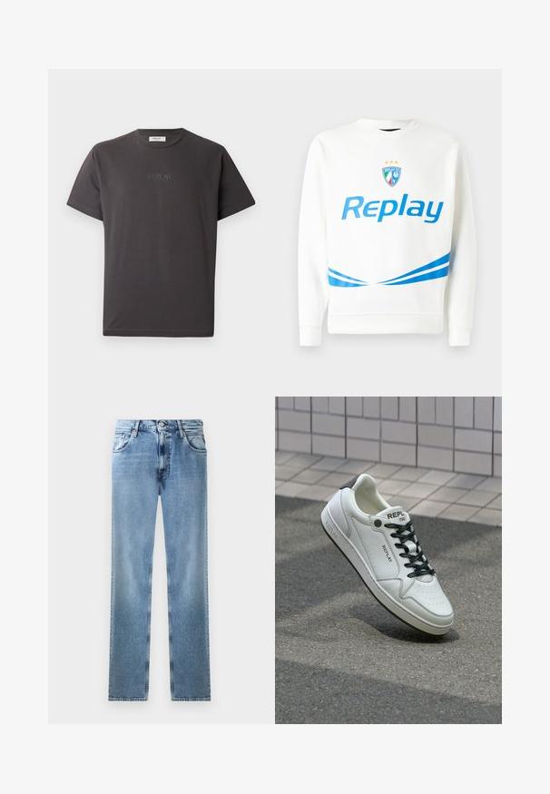 Bílá mikina s modrým logem "Replay", týmovým znakem se hvězdami a modrými diagonálními pruhy na pasu a rukávech. Měkká textura.; Tmavě šedé bavlněné tričko s krátkým rukávem s jemně embosovaným logem "REPLAY" na přední straně. Kulatý výstřih a volný střih.; Světlé modré džíny rovného střihu s kapsami, měděnými nýty a knoflíkovým zavíráním. Má vybledlý design a čistý lem.; Bílé kožené tenisky s perforovanou špičkou, černými tkaničkami a akcentem na patě. Obsahují značkování "REPLAY" a pevnou gumovou podešev.