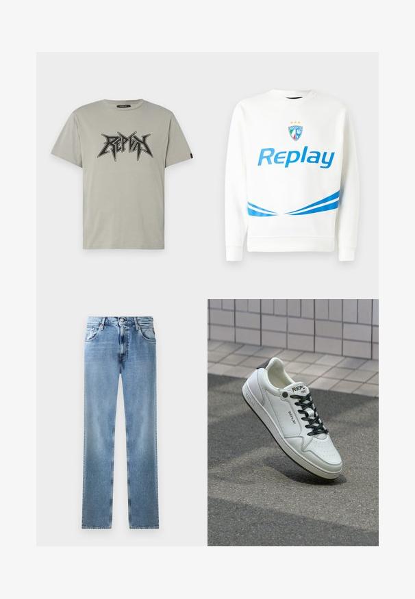 Bijela dukserica s plavim "Replay" logotipom, grbom tima sa zvjezdama i plavim dijagonalnim prugama na pojasu i rukavima. Mekana tekstura.; Svijetlosivi pamučni majica s crnim grafičkim logotipom s oštrim slovima. Kratki rukavi i standardni oblik s okruglim izrezom.; Svijetloplave traperice ravnog kroja s džepovima, bakrenim zakovicama i kopčanjem na dugme. Imaju izblijedjeli dizajn i čiste rubove.; Bijele kožne tenisice s perforiranim vrhom, crnim vezicama i naglaskom na peti. Imaju "REPLAY" brendiranje i čvrsti gumeni potplat.