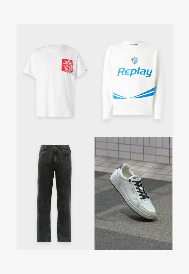 Bílá mikina s modrým logem "Replay", týmovým znakem se hvězdami a modrými diagonálními pruhy na pasu a rukávech. Měkká textura.; Bílý bavlněný tričko s červenou kapsou se květinovým vzorem a textem. Krátké rukávy, kulatý výstřih a volný střih.; Černé džíny z denimu se střihem rovného nohavice, s pěti kapsami, zapínáním na knoflík a jemným vyblednutím po celé látce.; Bílé kožené tenisky s perforovanou špičkou, černými tkaničkami a akcentem na patě. Obsahují značkování "REPLAY" a pevnou gumovou podešev.