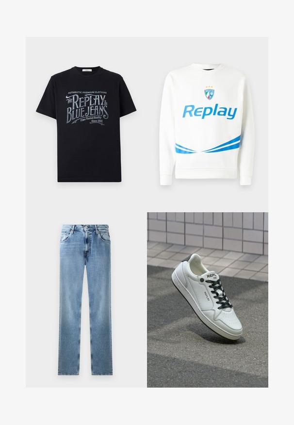 Bílá mikina s modrým logem "Replay", týmovým znakem se hvězdami a modrými diagonálními pruhy na pasu a rukávech. Měkká textura.; Černé bavlněné tričko s krátkými rukávy a kulatým výstřihem, s vintage-stylovým bílým a světle modrým grafickým textovým designem na přední straně.; Světlé modré džíny rovného střihu s kapsami, měděnými nýty a knoflíkovým zavíráním. Má vybledlý design a čistý lem.; Bílé kožené tenisky s perforovanou špičkou, černými tkaničkami a akcentem na patě. Obsahují značkování "REPLAY" a pevnou gumovou podešev.