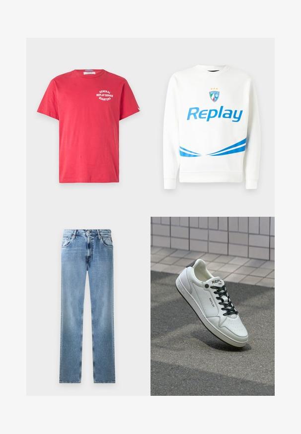 Balts sporta krekls ar zilu "Replay" logo, komandas emblēmu ar zvaigznēm, un zilām diagonālām svītrām jostā un piedurknēs. Maiga tekstūra.; Sarkans kokvilnas t-krekls ar īsām piedurknēm, apaļu dekoltē un baltu grafisku tekstu: "GENERATORA REPLAY SERVISA KVARTĀLS" priekšā.; Gaiši zili džinsu taisnas kājas bikses ar kabatām, varšrievēm un pogu aizdari. Iezīmēts ar izbalējušu dizainu un tīru apakšmalu.; Baltie ādas sporta apavi ar perforētu pirkstu daļu, melnām šņorzēm un papēža akcentiem. Iezīmē "REPLAY" zīmolu un cietu gumijas zoli.