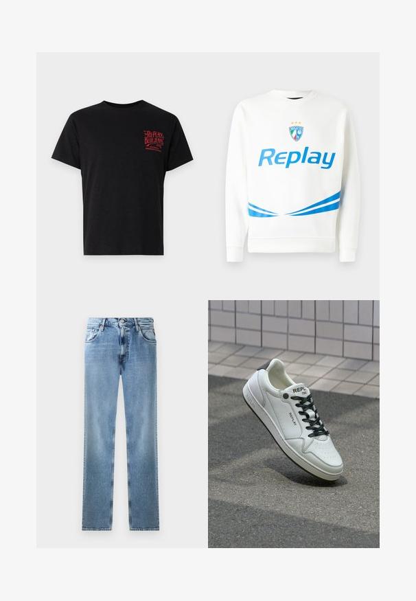 Bílá mikina s modrým logem "Replay", týmovým znakem se hvězdami a modrými diagonálními pruhy na pasu a rukávech. Měkká textura.; Černé bavlněné tričko s kulatým výstřihem a krátkými rukávy. Na levé části hrudi se nachází grafika s červeným textem "Replay Blue Jeans."; Světlé modré džíny rovného střihu s kapsami, měděnými nýty a knoflíkovým zavíráním. Má vybledlý design a čistý lem.; Bílé kožené tenisky s perforovanou špičkou, černými tkaničkami a akcentem na patě. Obsahují značkování "REPLAY" a pevnou gumovou podešev.