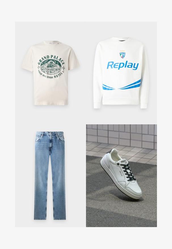 Balts sporta krekls ar zilu "Replay" logo, komandas emblēmu ar zvaigznēm, un zilām diagonālām svītrām jostā un piedurknēs. Maiga tekstūra.; Krēmkrāsas kokvilnas t-krekliņš ar zaļu grafisku printu, kurā redzams kalns un teksts "GRAND PALACE REPLAY BELLE EPOQUE HOTEL." Īsas piedurknes.; Gaiši zili džinsu taisnas kājas bikses ar kabatām, varšrievēm un pogu aizdari. Iezīmēts ar izbalējušu dizainu un tīru apakšmalu.; Baltie ādas sporta apavi ar perforētu pirkstu daļu, melnām šņorzēm un papēža akcentiem. Iezīmē "REPLAY" zīmolu un cietu gumijas zoli.