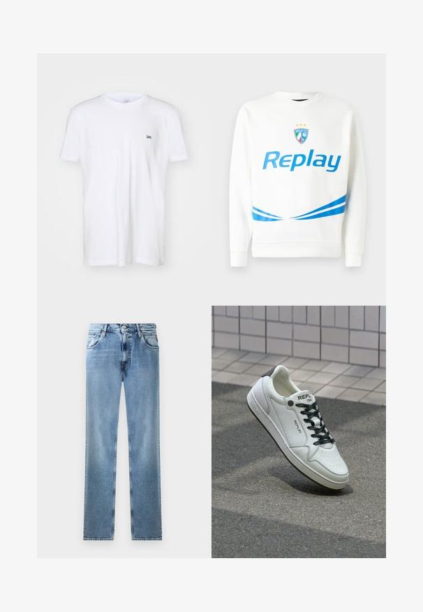 Baltas sportinis megztinis su mėlynu "Replay" logotipu, komandos emblemą su žvaigždėmis ir mėlynomis įstrižomis juostelėmis juosmens ir rankovių srityse. Minkšta tekstūra.; Baltos medvilnės marškinėliai trumpomis rankovėmis, su nedideliu išsiuvinėtu juodu "Lee" logotipu kairiajame krūtinės šone. Paprastas, klasikinis dizainas.; Šviesiai mėlyni džinsai su tiesiais klešniais, kišenėmis, vario kniedėmis ir sagčių uždarymu. Savybės: nudilęs dizainas ir švarus apdaila.; Balti odinės sportbačiai su perforuotu pirštu, juodais raišteliais ir kulno akcentu. Savybės: "REPLAY" ženklas ir tvirta gumos padas.