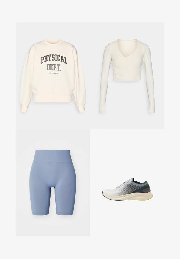 Majica boje kisele pavlake s okruglim izrezom, spuštenim ramenima i rebrastim manžetama. Ima natpis "FIZIČKI ODJEL" u tamnosivoj podebljanoj fontu.; Dugi rukav, kremasti crop top s v-izrezom i nabranim bočnim detaljem, izrađen od rastezljivog materijala za prilagođen izgled.; Svijetloplave biciklističke kratke hlače s visokom elastičnom strukom. Glatka tekstura, oblikom prilagođen dizajn i dužina do sredine bedra. Bez uzoraka ili naglasaka.; Lagani trkački tenisice s teksturiranim gornjim dijelom od sive i bijele mreže, fleksibilnom potplatom i limunasto zelenim akcentom na potplatu.