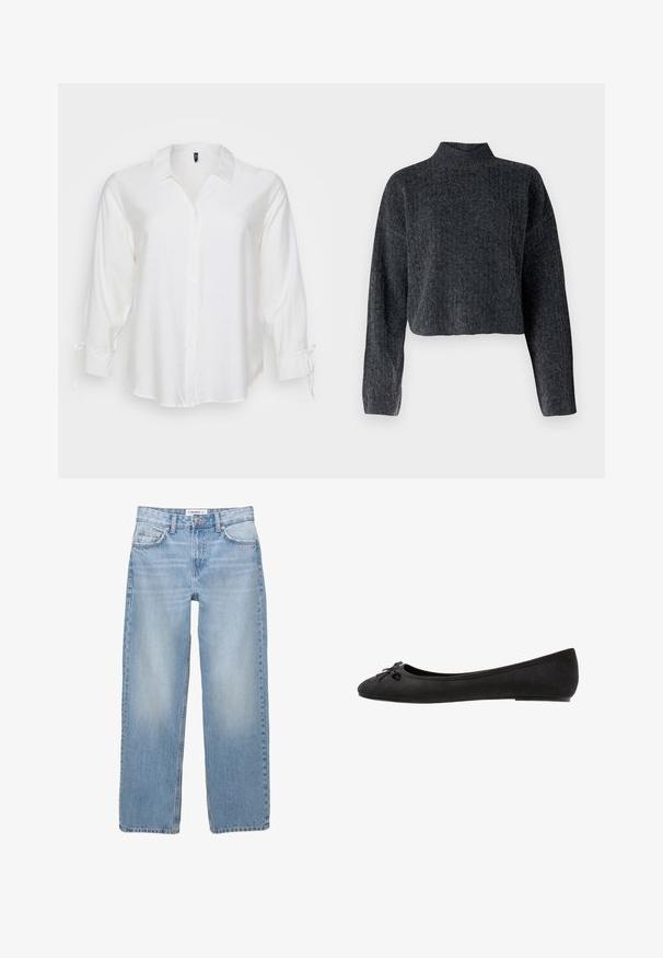 Skraćeni, tamnosivi pulover s visokim ovratnikom i dugim rukavima. Izrađen od teksturirane pletene tkanine s suptilnim uzorkom.; Bijela košulja s dugim rukavima izrađena od lagane tkanine, s ovratnikom, dugim rukavima s vezicama na zapešćima i opuštenim krojem.; Bijela košulja dugih rukava od rebrastog materijala, s okruglim izrezom i krojem koji se dobro prilagođava tijelu. Nema vidljivih uzoraka ili akcenta.; Svijetloplave traperice s ravnim nogavicama, pet džepova i vidljivim detaljima šavova. Tkanina ima mekan, blago izblijeđen izgled.; Crne suede balerinke s okruglim vrhom, s ukrasnom mašnom sprijeda i ravnim dizajnom potplata. Gladak tekstur i klasičan oblik.