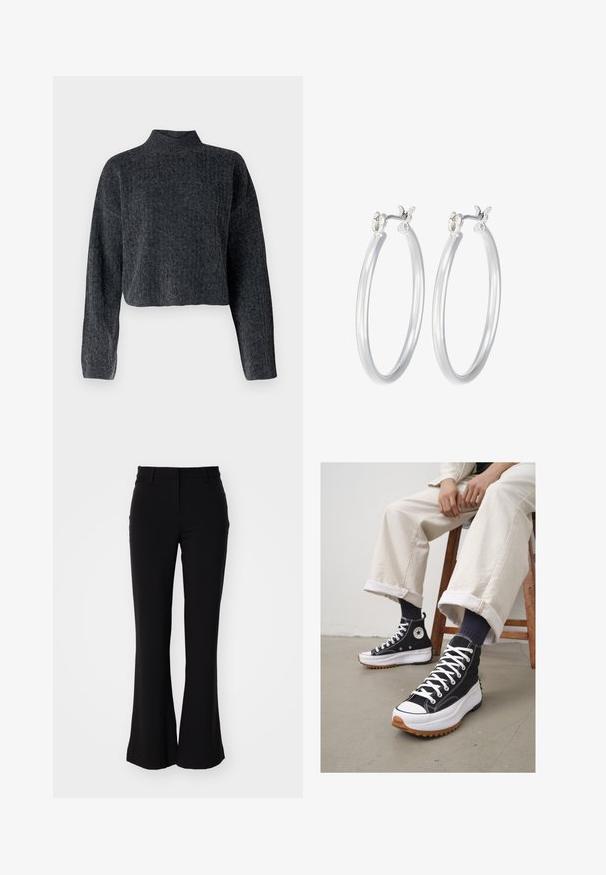 Maglione grigio scuro a maniche lunghe e collo alto, tagliato. Realizzato in tessuto lavorato a maglia testurizzato con un motivo sottile su tutta la superficie.; Pantaloni neri a zampa d'elefante in tessuto morbido, con vita media e tasche laterali, che mostrano un design snello e una vestibilità sartoriale.; Sneaker alte nere con lacci bianchi e puntale in gomma. Suola bianca spessa con suola esterna marrone strutturata, indossate con calze a righe blu navy.; Orecchini a cerchio in argento con una finitura liscia e lucida. Forma rotonda e chiusura a scatto sicura. Design leggero adatto per l'uso quotidiano.