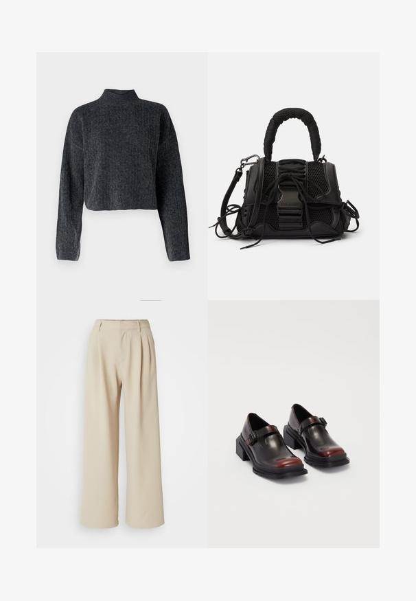 Rövidített, sötétszürke pulóver magas nyakkal és hosszú ujjal. Texturált kötött anyagból készült, finom mintázattal az egész felületen.; Beige, bő szárú nadrág, magas derekú, redőzött elülső résszel és sima szövettextúrával. Nincs látható zárás vagy mintázat.; Bőr, blokksarkú cipők fényes, sötét burgundi színben, csatpánttal és lekerekített orral. Texturált talp a tapadásért.; Fekete kézitáska hálós külsővel, szőtt fogantyúval és díszítő fűzéssel. Tartalmaz eltávolítható pántot és kontrasztos fém kiegészítőket.