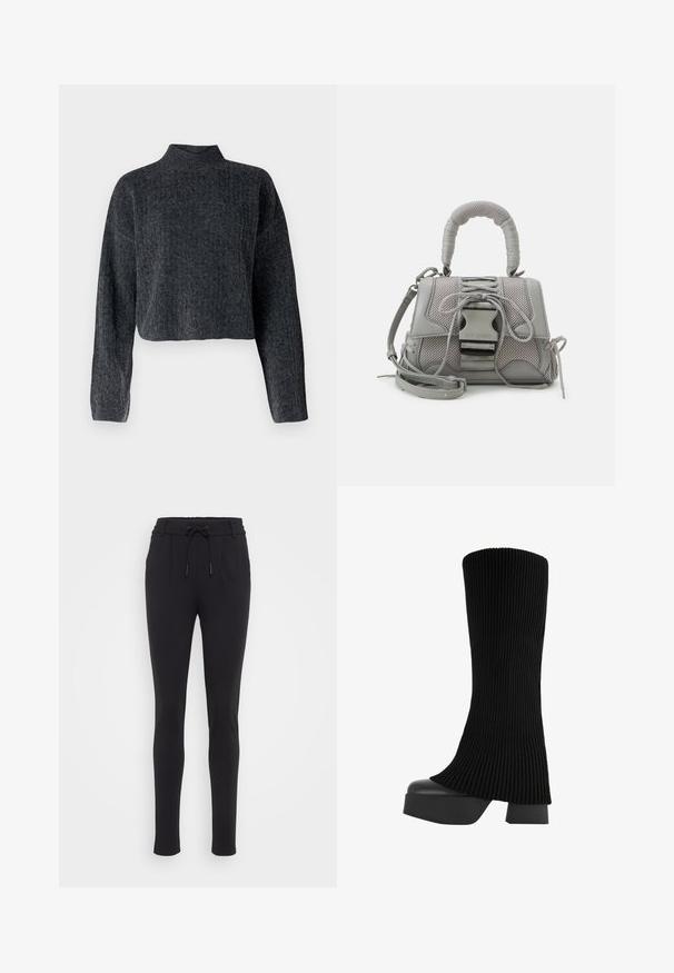 Afskåret, mørkegrå sweater med høj hals og lange ærmer. Fremstillet af tekstureret strikket stof med diskrete mønstre gennem hele. ; Sorte, tapered joggers lavet af et blødt, strækbart stof. Har en elastisk talje med snøre og sidelommer. Glat tekstur.; Sort knæhøj støvle med en ribbet stofoverdel, chunky platformsål og blokhæl, der har en glat tekstur og et elegant, moderne design.; Grå tekstureret håndtaske med en polstret hank, mesh-detaljer, justerbar rem og en frontlås. Kompakt design med en afrundet form.