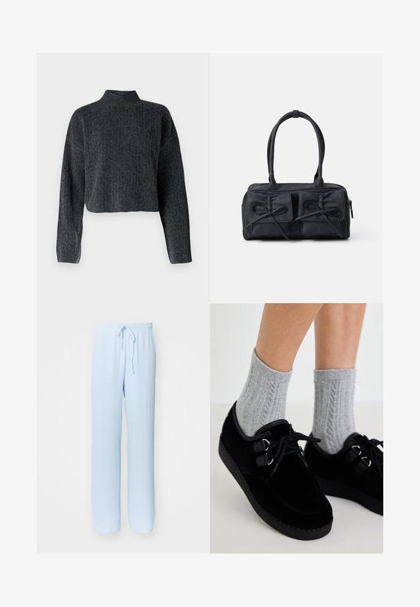 Enklert, mørkegrå genser med høy hals og lange ermer. Laget av teksturert strikket stoff med subtile mønstre.; Lyseblå, løstsittende bukser med elastisk livstrikk og justerbar snor; laget av myk, pustende stoff med en glatt tekstur.; Sorte fløyelsko med flate såler, rund tå og doble snøringer. Brukt med grå kabelstrikkede sokker. Glatt tekstur og enkelt design.; Svart stoff håndveske med to frontlommer med sløyfe detaljer, doble håndtak og glidelås. Myk tekstur og rektangulær form.