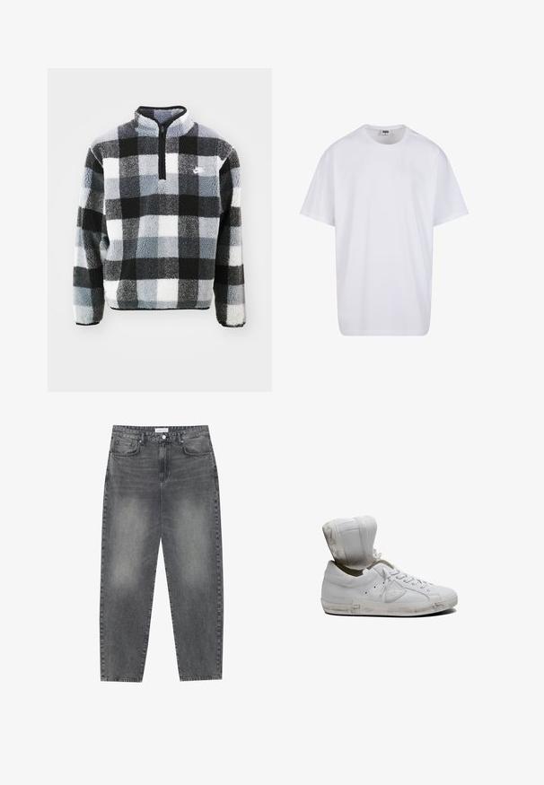 Felpa in pile con mezza zip, caratterizzata da un motivo a quadri in bianco, nero e grigio, superficie testurizzata e piccolo logo sul petto.; Maglietta bianca in cotone con maniche corte, scollatura rotonda, vestibilità comoda e senza loghi o motivi visibili. Texture liscia e design minimale.; Jeans a vita alta, dal taglio ampio in denim nero sbiadito. Presentano cinque tasche, passanti per cintura e un design dritto e pulito.; Sneaker bianco in pelle con design alto. Presenta una punta rotonda, chiusura con lacci sul davanti e suola leggermente consumata. La parte interna della caviglia è di un beige chiaro.