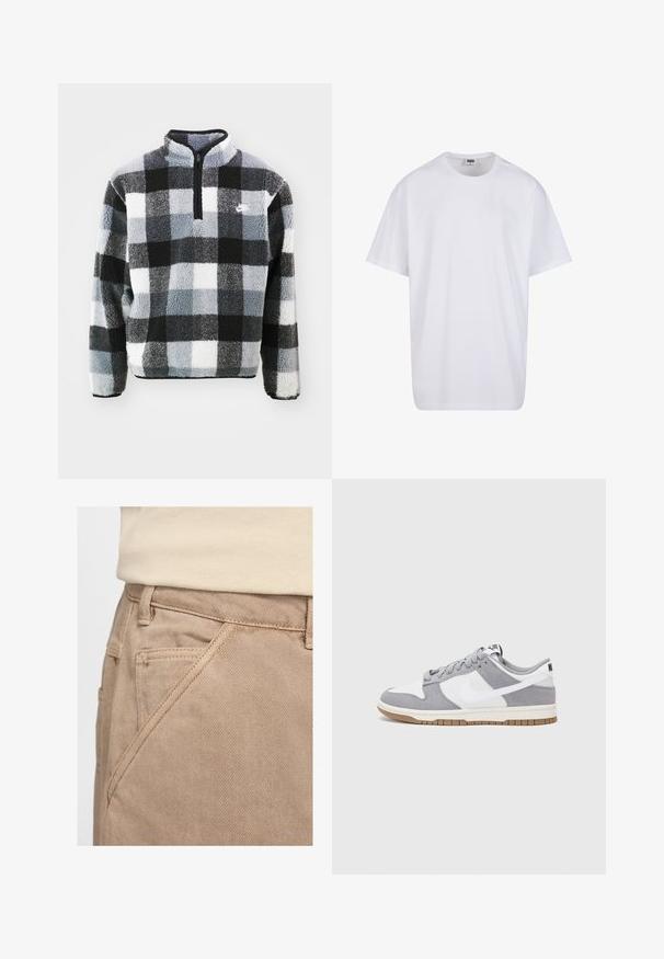 Vilnas krekls ar pusslitni, koša melnbalta un pelēka raksta apdare, teksturēta virsma un neliela logotipa izšuvums uz krūškurvja.; Balta kokvilnas T-kreklu ar īsām piedurknēm, apaļu kakla izgriezumu, brīvu piegriezumu un bez redzamām logo vai rakstiem. Gluda tekstūra un minimālistisks dizains.; Beige kokvilnas bikses ar gludu tekstūru, slīpām priekšējām kabatām un redzamu izšuvumu gar šuvēm.; Pelēki un balti sporta apavi ar zamšādas un ādas virsu, noapaļota purngala, plakaniem šņorēm un gumijas zoli ar gumijas akcentu.
