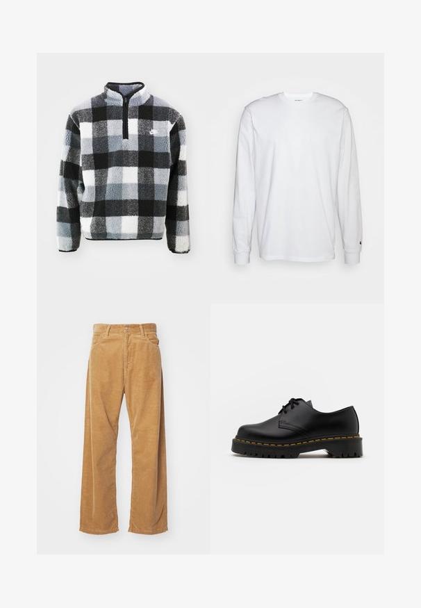 Fleece-Pullover mit halb offener Reißverschluss, ausgestattet mit einem schwarz-weißen-grauen Karomuster, strukturierter Oberfläche und kleinem Logo auf der Brust.; Weißes Langarm-T-Shirt aus Baumwolle. Rundhals-Design mit gerippten Bündchen und kleinem Logo auf dem linken Ärmel. Glatte Textur.; Corduroy-Hosen mit weitem Bein in einer beige Farbe. Mit strukturierten, vertikalen Rillen, einem Standardbund und zwei vorderen Taschen ausgestattet.; Schwarze Leder Schnürschuhe mit runder Spitze, strukturiertem Gummisohle und gelben Nähten um den Rand. Flaches Design und glatte Oberfläche.