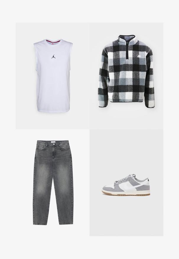 Fleece genser med halv-glidelås, med et rutete mønster i svart, hvitt og grått, teksturert overflate, og liten logo på brystet.; Hvit ermeløs skjorte laget av bomull med rund hals; har en svart Jordan-logo sentrert på brystet. Enkel, ren design.; Høyt liv, løstsittende jeans i falmet svart denim. Har fem lommer, beltehemper og et rent, rett ben-design.; Grå og hvite sneakers med overdel i semsket skinn og lær, rund tå, flate lisser, og gummisåle med gummibelegg.