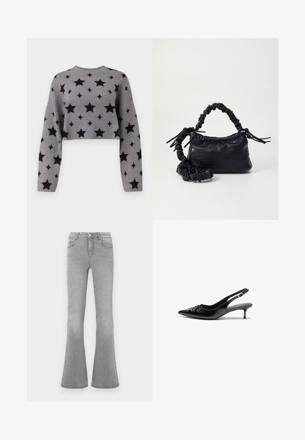 Pull gris court avec un motif d'étoiles noires, des manches longues et un col rond, fabriqué en tissu tricoté doux.; Jean flare gris en denim, avec un design classique à cinq poches, une fermeture éclair et des détails de décoloration subtils le long des jambes.; Des escarpins en cuir noir à talon slingback, avec un bout pointu, un petit talon kitten et un détail de nœud décoratif à l'avant. Texture lisse sur toute la surface.; Sac à main en simili cuir noir avec une texture crocodile, un dessus resserré et une sangle froncée. A l'apparence douce et compacte.