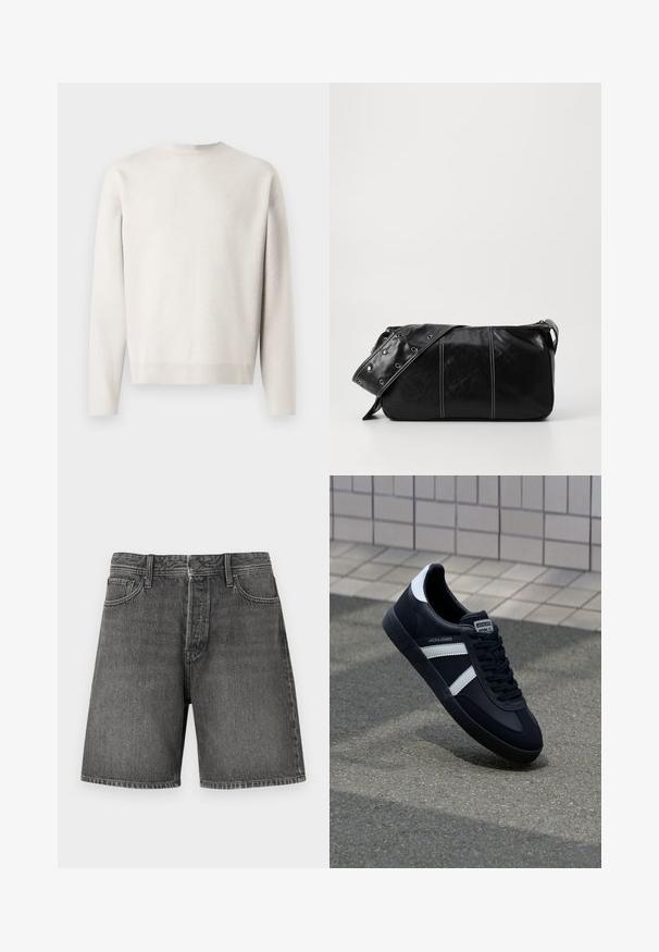 Světle šedý pletený svetr s dlouhými rukávy, kulatým výstřihem a ribbed manžetami. Měkká textura, volný střih a žádné viditelné vzory.; Tmavě šedé džínové šortky s klasickým pětipocket designem, zapínáním na knoflík a zip, rovného střihu a mírným vybledlým vzhledem po celém povrchu.; Černé kožené tenisky s bílými pruhy, texturovanou gumovou podrážkou a šněrováním vpředu. Obsahují značenou etiketu na jazyku.; Černá kožená kabelka přes rameno se zapínáním na zip, s texturovaným tělem, bílým prošíváním a popruhem se stříbrnými očky.