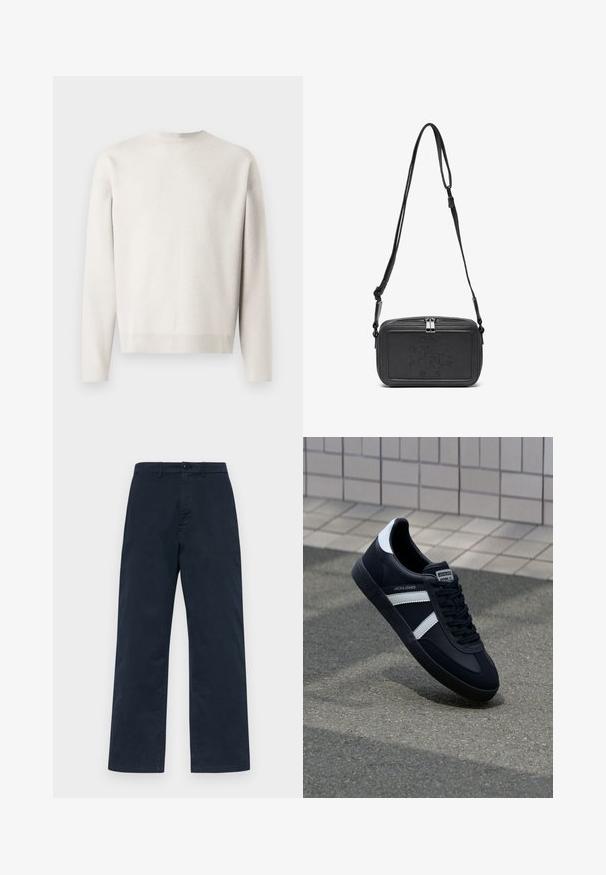Světle šedý pletený svetr s dlouhými rukávy, kulatým výstřihem a ribbed manžetami. Měkká textura, volný střih a žádné viditelné vzory.; Námořnické modré bavlněné kalhoty se střihem rovného nohavice, které mají přední uzávěr na knoflík a poutka na opasek. Jednoduchá, jednobarevná textura bez vzorů.; Černé kožené tenisky s bílými pruhy, texturovanou gumovou podrážkou a šněrováním vpředu. Obsahují značenou etiketu na jazyku.; Černá kožená taška přes rameno s uzávěrem na zip, vyraženým logem na přední straně a nastavitelným popruhem. Hladký povrch s obdélníkovým tvarem.