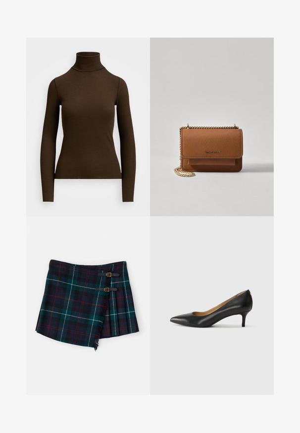 Ruda ilga rankovė turtleneck palaidinė, pagaminta iš giliai struktūruoto audinio. Pasižymi prigludusia siluetu ir aukštu kaklu. Nėra matomų raštų ar akcentų.; Polo Ralph Lauren MINI - Mini sijonas - tartan; Juodos odinės aukštakulnės bateliai su smailiu nosiu, žemu kulnu ir lygiu paviršiumi. Priekyje yra nedidelis atvirumas, o gale minimalus apdaila.; Ruda tekstūruota odinė per petį nešama rankinė su auksiniu grandininiu dirželiu ir užlenkiamo užsegimo. Priekinėje pusėje yra logotipo detalė ir kišenė po užlenkimu.