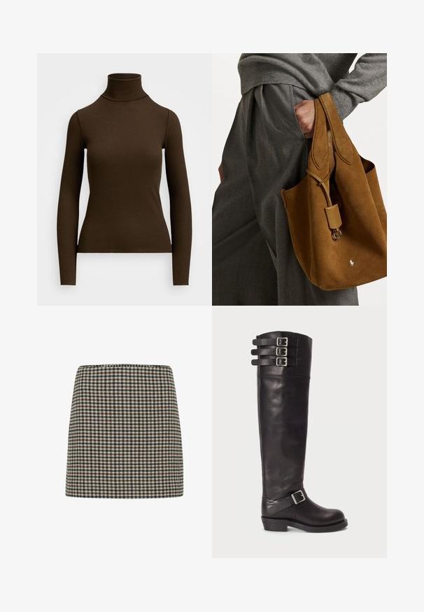 Brown, long-sleeved turtleneck top made of ribbed fabric. Features a fitted silhouette and a high neck design. No visible patterns or accents.; Checkered mini skirt in black, brown, and cream. Structured shape with a high waist. Soft fabric texture with a consistent grid pattern.; Black leather knee-high boot with a rounded toe, three strap buckles at the top, and a side buckle detail. Flat sole and smooth texture.; Brown suede tote bag with rounded shape, dual handles, and a metal hardware accent. Features a small logo on the front.