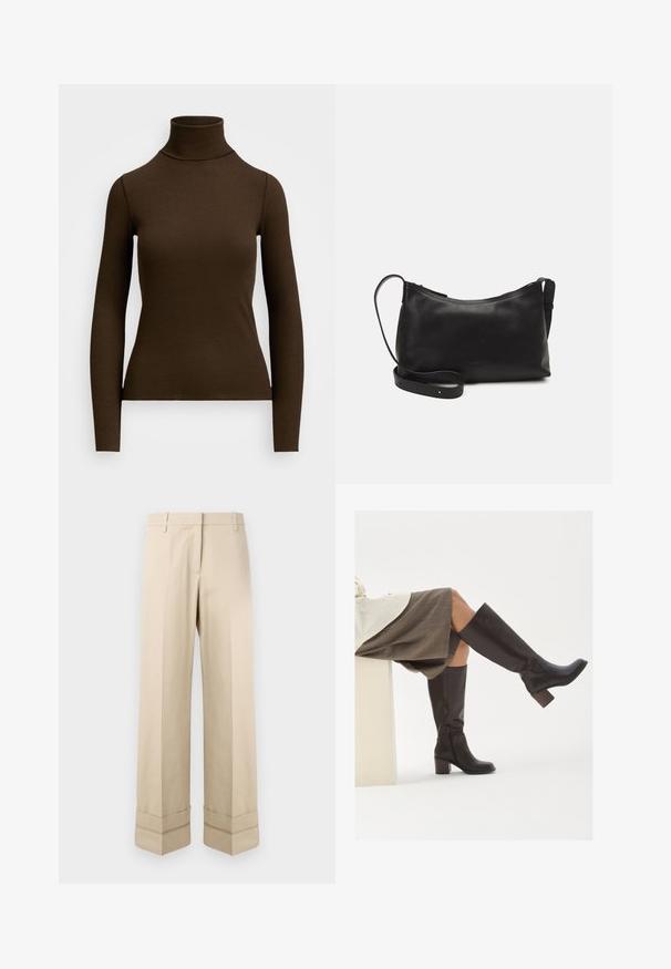 Brūns, garām piedurknēm, turtlenekas tops, kas izgatavots no ribota auduma. Iezīmēts ar pieguļošu siluetu un augstu kakla dizainu. Nav redzamu rakstu vai akcentu.; Beige bikses ar taisnu griezumu, kurām ir dubultā piedurkne apakšmalā un plakana priekšpuse. Izgatavotas no gludas, izturīgas auduma.; Brūni ādas ceļgala zābaki ar kvadrātu formas purngalu, masīvu papēdi un sānu rāvējslēdzēju. Gluda tekstūra ar spīdīgu apdari.; Melna ādas plecu soma ar gludu tekstūru, izliekta forma, regulējama siksna un rāvējslēdzēja aizdare. Minimālistisks dizains bez rotājumiem.
