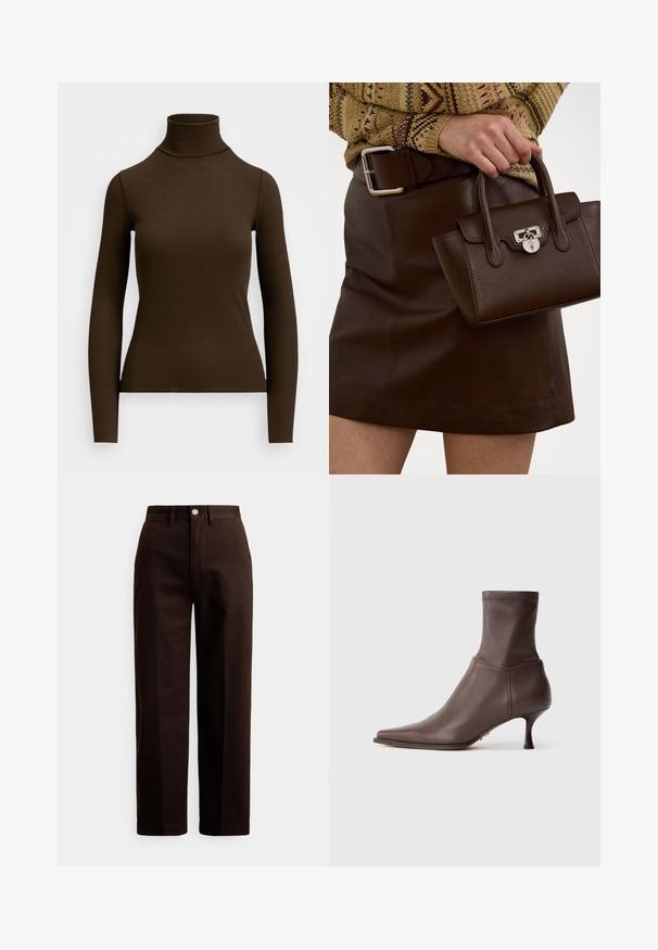 Brązowy, długi rękaw, golf z materiału ryżowego. Charakteryzuje się dopasowanym krojem i wysokim kołnierzem. Bez widocznych wzorów czy akcentów.; Ciemnobrązowe spodnie o prostych nogawkach z zapięciem na guzik i suwak, szlufkami na pasek oraz przednimi kieszeniami na białym tle.; Brązowy skórzany botek do kostki z szpiczastym noskiem i smukłym, średniej wysokości obcasem na białym tle.; Brązowa skórzana torebka o strukturalnym wykończeniu i srebrnym wykończeniu, trzymana w dłoni obok brązowej skórzanej spódnicy i wzorzystego swetra.