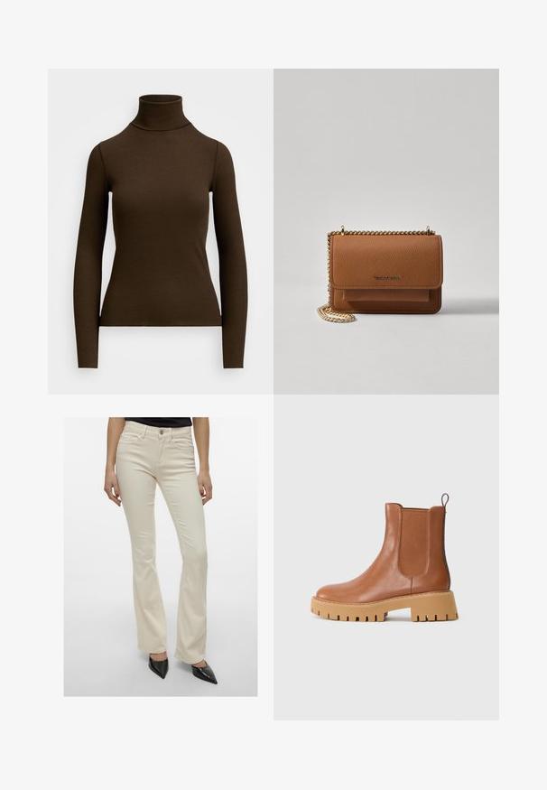 Top de cuello alto de manga larga en color marrón, hecho de tela acanalada. Presenta una silueta ajustada y un diseño de cuello alto. Sin patrones o acentos visibles.; Pantalones de campana color crema fabricados en una mezcla de algodón elástico. Presenta un estilo estándar de cinco bolsillos y un cierre frontal con botón.; Botín de cuero marrón hasta el tobillo con paneles laterales elásticos, puntera redonda y suela de plataforma gruesa en tono arena que presenta un prominente patrón de relieve.; Bolso crossbody de cuero texturizado marrón con correa de cadena dorada y cierre de solapa. La parte frontal presenta un detalle de logo y un bolsillo debajo de la solapa.
