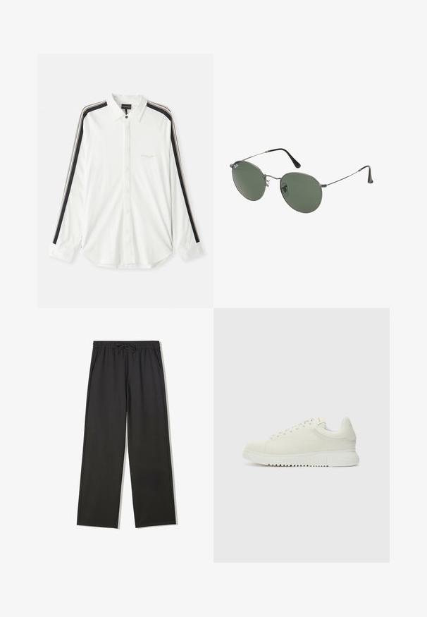 Fehér kötött pulóver kerek nyakkal, a mellrészen jól látható fekete felirattal: "032c BERLIN". Puha tapintású, laza szabású.; Fehér gombos ing fekete és bézs csíkokkal az ujjakon, hegyes gallérral és hímzett márkaminősítéssel a mellrészen.; Fekete, széles lábú, gumis derekú nadrág, zsinórral, oldalzsebekkel és sima, könnyű anyagú kivitelben.; Fehér bőr sportcipő texturált felsőrésszel, lekerekített orral, lapos fehér talppal és tónusban illeszkedő fűzőkkel. Diszkrét márkázás a nyelvén.; Fémkeretes napszemüveg ovális zöld lencsékkel. Vékony ezüst színű fémkeret és fekete fülrész. Minimalista dizájn, látható logók nélkül.