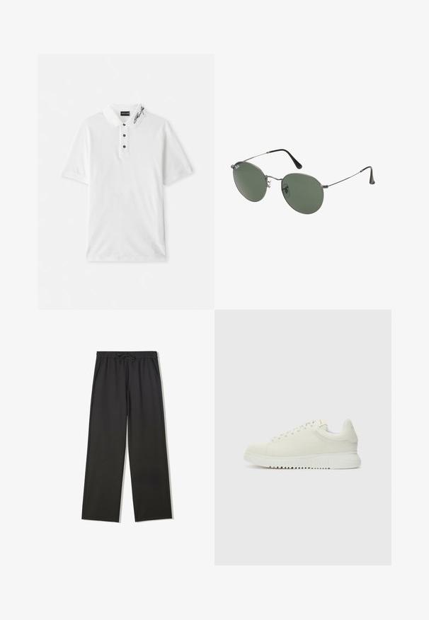 Bílý pletený svetr s kulatým výstřihem, na přední straně výrazný černý nápis: "032c BERLIN". Měkká textura, volný střih.; Bílá polo triko vyrobené z bavlny, s klasickým límečkem, tříknoflíkovou légou s černými knoflíky a podpisem na límci.; Černé kalhoty s elastickým pasem s šňůrkou a bočními kapsami, s volnějším střihem a rovnými nohavicemi.; Bílé kožené tenisky s texturovaným svrškem, kulatou špičkou, plochou bílou podešví a tonálními tkaničkami. Jemné brandování na jazyku.; Sluneční brýle s kovovým rámem a oválnými zelenými skly. Tenký stříbrný kovový rám a černé chrániče uší. Minimalistický design, žádné viditelné logo.