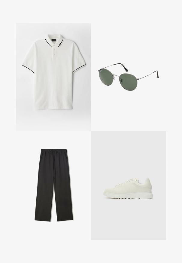 Fehér kötött pulóver kerek nyakkal, a mellrészen jól látható fekete felirattal: "032c BERLIN". Puha tapintású, laza szabású.; Fehér póló, három gombos gombolással, fekete díszítéssel a galléron és az ujjain, puha pamutból készült. Egyszerű kialakítás, nincs minta.; Fekete elasztikus derékpántos nadrág, húzózsinórral és oldalzsebekkel, laza szabással és egyenes szárakkal.; Fehér bőr sportcipő texturált felsőrésszel, lekerekített orral, lapos fehér talppal és tónusban illeszkedő fűzőkkel. Diszkrét márkázás a nyelvén.; Fémkeretes napszemüveg ovális zöld lencsékkel. Vékony ezüst színű fémkeret és fekete fülrész. Minimalista dizájn, látható logók nélkül.