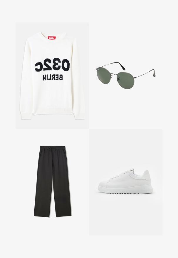 Fehér kötött pulóver kerek nyakkal, a mellrészen jól látható fekete felirattal: "032c BERLIN". Puha tapintású, laza szabású.; Fekete elasztikus derékpántos nadrág, húzózsinórral és oldalzsebekkel, laza szabással és egyenes szárakkal.; Fehér bőrdzsekis cipő fűzős zárással, texturált felülettel és vastag fehér gumitalppal, amely fogazott peremmel rendelkezik a jobb tapadás érdekében.; Fémkeretes napszemüveg ovális zöld lencsékkel. Vékony ezüst színű fémkeret és fekete fülrész. Minimalista dizájn, látható logók nélkül.