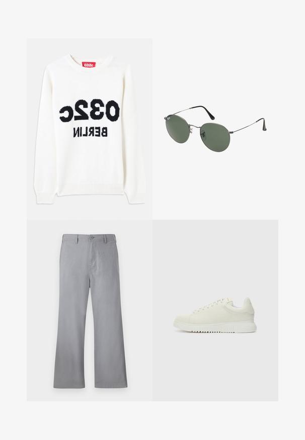 Valge kudumiskampsun ümmarguse kaelusega, mille esiküljel on selgelt nähtaval must tekst: "032c BERLIIN". Pehme tekstuur, mugav lõige.; Hallid hallid püksid, mis on valmistatud pehmest kangast, esitavad ees nööbi kinnituse, vöökohaga silmusid ja puhta disaini, millel ei ole nähtavaid mustreid ega aksessuaare.; Valge nahkne sneaker, millel on tekstureeritud pealmine osa, ümar varvas, lame valge talla ja tooni järgi seotud paelad. Disciple brändimine keelega.; Metallist raamistikuga prillid ovaalsete roheliste läätsedega. Õhuke hõbedane metallraam ja mustad kõrvakatted. Minimalistlik disain, nähtavad logod puuduvad.