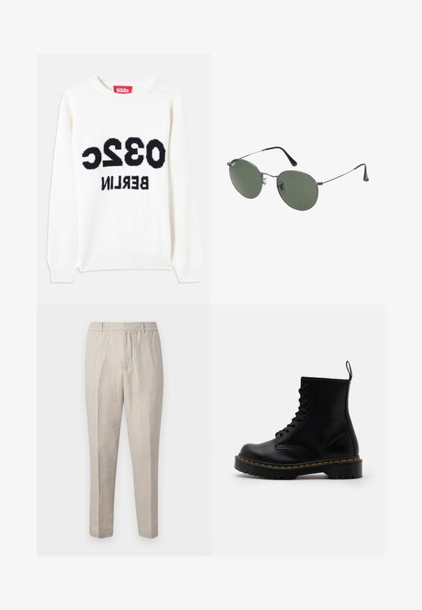 Weißer Strickpullover mit Rundhalsausschnitt, mit schwarzem Text: "032c BERLIN", der auf der Vorderseite hervortritt. Weiche Textur, lockere Passform.; Helle beige Leinenhose mit entspanntem Schnitt, mit einer Kordelzug-Taille, schmal zulaufenden Beinen und subtiler Textur im gesamten Stoff.; Schwarze Leder-Ankle-Boots mit schnürbarem Vorderteil, gelben Nähten, runder Zehenpartie und dicker, strukturierter Gummisohle.; Metallgestellte Sonnenbrille mit ovalen grünen Gläsern. Dünner silberner Metallrahmen und schwarze Ohrstücke. Minimalistisches Design, keine sichtbaren Logos.