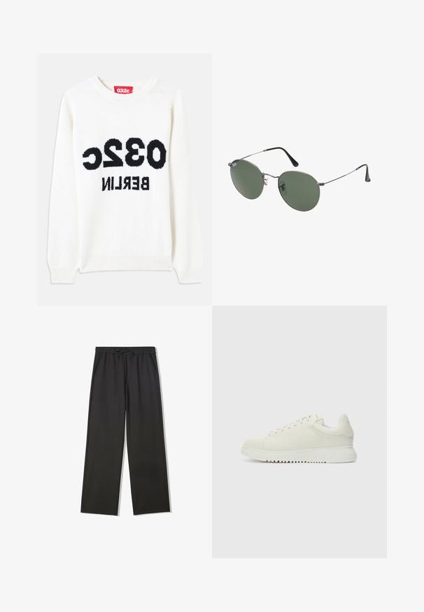Fehér kötött pulóver kerek nyakkal, a mellrészen jól látható fekete felirattal: "032c BERLIN". Puha tapintású, laza szabású.; Fekete elasztikus derékpántos nadrág, húzózsinórral és oldalzsebekkel, laza szabással és egyenes szárakkal.; Fehér bőr sportcipő texturált felsőrésszel, lekerekített orral, lapos fehér talppal és tónusban illeszkedő fűzőkkel. Diszkrét márkázás a nyelvén.; Fémkeretes napszemüveg ovális zöld lencsékkel. Vékony ezüst színű fémkeret és fekete fülrész. Minimalista dizájn, látható logók nélkül.