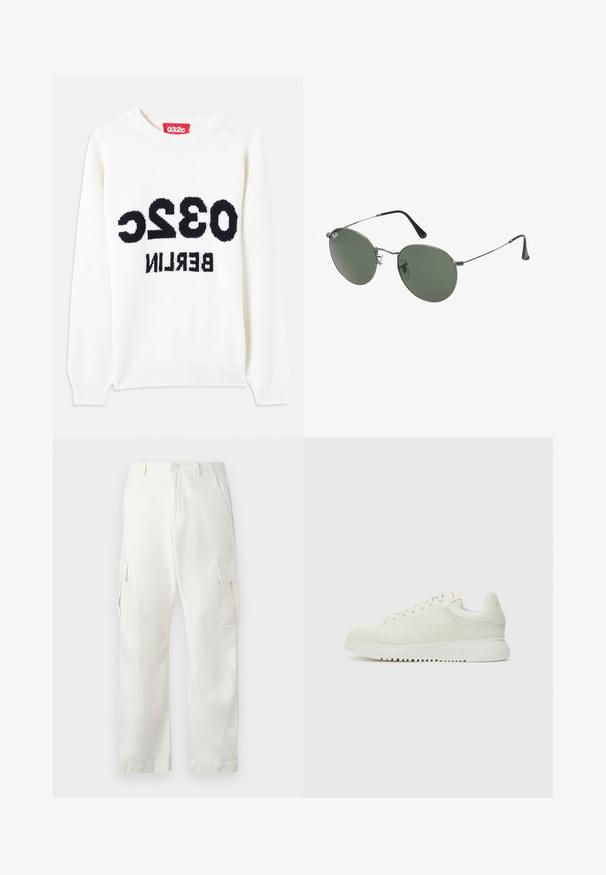 Balta megzta svaje su apvali apykakle, su juodu tekstu: "032c BERLYNAS" ryškiai išsidėsčiusiu ant priekinės dalies. Minkšta tekstūra, laisva fasonas.; Balti medvilniniai cargo tipo kelnės, tiesaus kirpimo, su dviem šoninėmis kišenėmis ir dviem cargo kišenėmis ant šlaunų.; Balti odiniai sportbačiai su tekstūruotu paviršiumi, apvaliu nosiu, plokščiu baltu padu ir toninėmis raištelėmis. Diskretiškas prekės ženklas ant liežuvio.; Metaliniai akiniai su ovaliais žaliais lęšiais. Plonas sidabro spalvos metalinis rėmas ir juodi ausų laikikliai. Minimalistinis dizainas, be matomų logotipų.