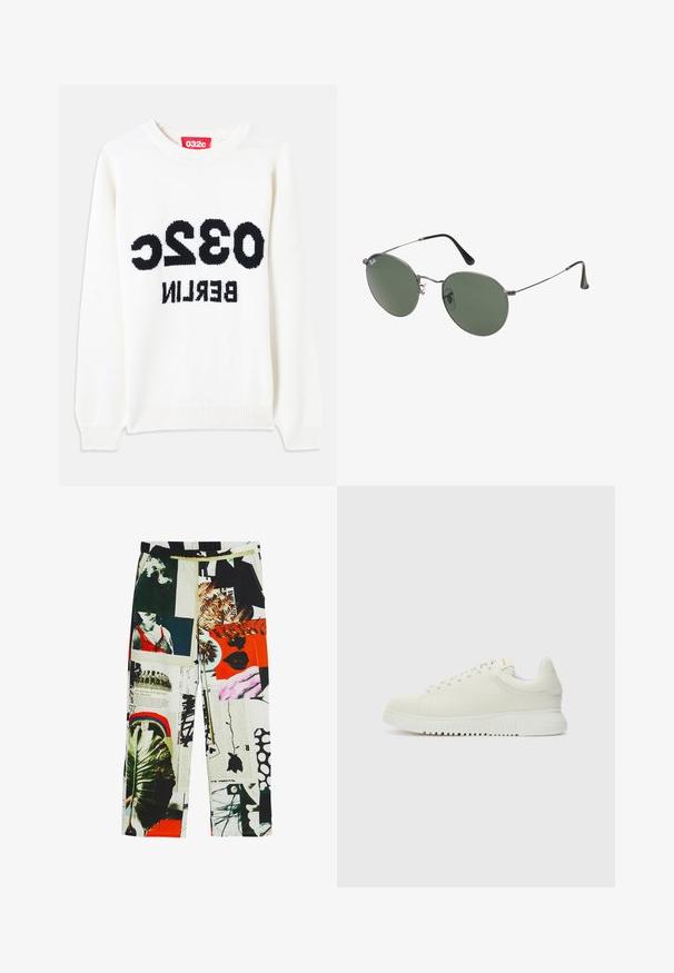 Fehér kötött pulóver kerek nyakkal, a mellrészen jól látható fekete felirattal: "032c BERLIN". Puha tapintású, laza szabású.; Mintás nadrág, amely képek, színek és textúrák kollázsát tartalmazza, beleértve a zöld növényzetet, grafikákat és merész kiegészítőket. Rugalmas derékpánt.; Fehér bőr sportcipő texturált felsőrésszel, lekerekített orral, lapos fehér talppal és tónusban illeszkedő fűzőkkel. Diszkrét márkázás a nyelvén.; Fémkeretes napszemüveg ovális zöld lencsékkel. Vékony ezüst színű fémkeret és fekete fülrész. Minimalista dizájn, látható logók nélkül.