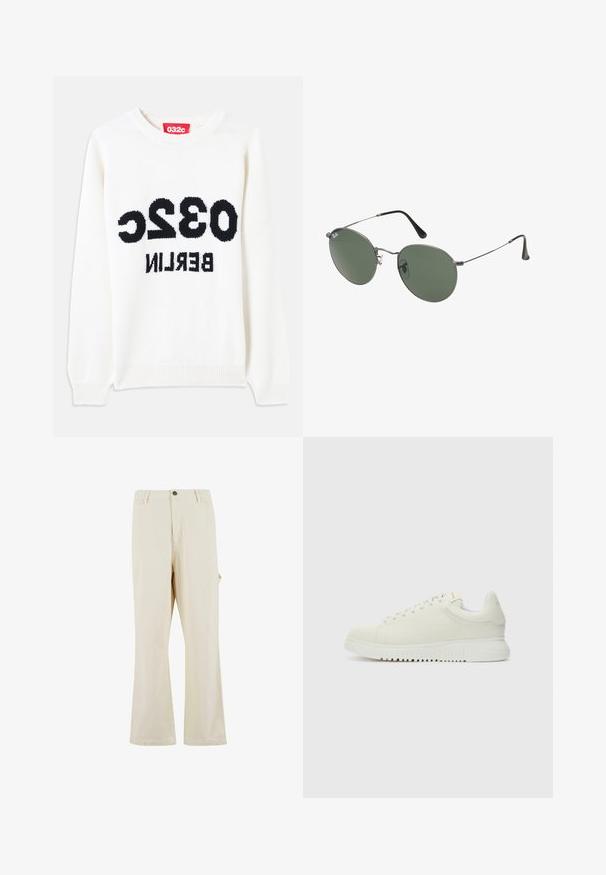 Biele pletený sveter s okrúhlym výstrihom, na prednej strane výrazný čierny text: "032c BERLIN". Mäkká textúra, voľný strih.; Béžové nohavice s širokým strihom vyrobené z látky s prímesou bavlny s uzáverom na gombík. Obsahujú bočné vrecká a majú jemnú textúru. Viditeľné švy.; Biele kožené tenisky s textúrovaným vrchom, zaoblenou špičkou, plochou bielou podrážkou a tonálnymi šnúrkami. Diskrétne logo na jazyku.; Sunglass s metalovým rámom s oválnymi zelenými šošovkami. Tenký strieborný kovový rám a čierne štuple za uši. Minimalistický dizajn, bez viditeľných log.