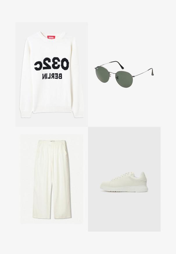 Witte gebreide trui met ronde hals, met zwarte tekst: "032c BERLIJN" opvallend op de voorkant weergegeven. Zachte textuur, ontspannen pasvorm.; Witte wijde broekspijpen gemaakt van een lichtgewicht stof. Bevat een elastische tailleband en zijzakken, met een zachte, licht gestructureerde afwerking.; Witte leren sneaker met een textuur bovenkant, ronde neus, vlakke witte zool en tonale veters. Subtiele branding op de tong.; Metalen zonnebril met ovale groene lenzen. Dunne zilveren metalen rand en zwarte oorstoppers. Minimalistisch ontwerp, zonder zichtbare logo's.