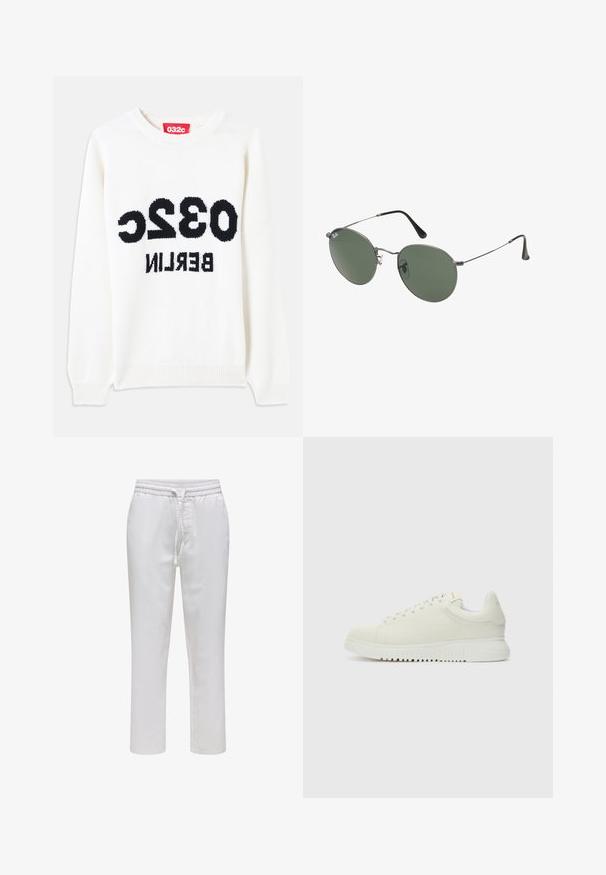 Valkoinen neulepaita, jossa on pyöreä kaula-aukko ja etupuolella näkyvästi musta teksti: "032c BERLIN". Pehmeä materiaali, rento istuvuus.; Valkoiset vetskarihaut, joissa on joustava vyötärö ja nyöri. Suorat lahkeet kevyessä, sileässä kankaassa ilman kuvioita.; Valkoinen nahkakengät, joissa on teksturoitu pinta, pyöreä kärki, litteä valkoinen pohja ja sävyyn sopivat nauhat. Hieman huomaamaton brändäys kielen kohdalla.; Aurinkolasit metallikehyksillä, joissa on soikeat vihreät linssit. Ohut hopeinen metallikehys ja mustat korvapehmusteet. Minimalistinen muotoilu, ei näkyviä logoja.