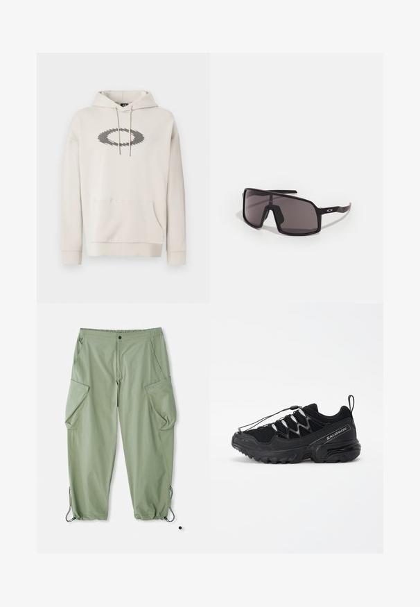 Beige hooded sweatshirt made of soft fabric, featuring a large gray logo design on the front, kangaroo pocket, and ribbed cuffs.; Light green cargo pants with an elastic waistband, multiple side pockets, and drawstrings at the ankles. Made of durable, textured fabric.; Black running shoes with mesh upper, reflective accents, and elastic laces. Features a rugged sole with traction patterns for stability.; Black rectangular sunglasses with dark lenses, wide frame, and slender black arms. Features a logo on the temples. Smooth texture.