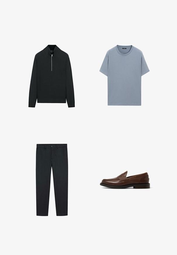 Černý svetr s vysokým límcem, polovičním zipem vpředu a žebrovanými manžetami a lemem. Vyrobeno z měkkého pleteného materiálu s hladkou texturou.; Světle modré bavlněné tričko s kulatým výstřihem, krátkými rukávy a volným střihem; hladký povrch bez viditelných vzorů či akcentů.; Černé kalhoty se rovnými nohavicemi, vyrobené z hladké látky. Mají dvě přední kapsy a zapínání na knoflík v pase.; Hnědé kožené mokasíny s kulatou špičkou, detaily prošití a nízkým klínovým podpatkem. Hladká textura a minimalistický design.