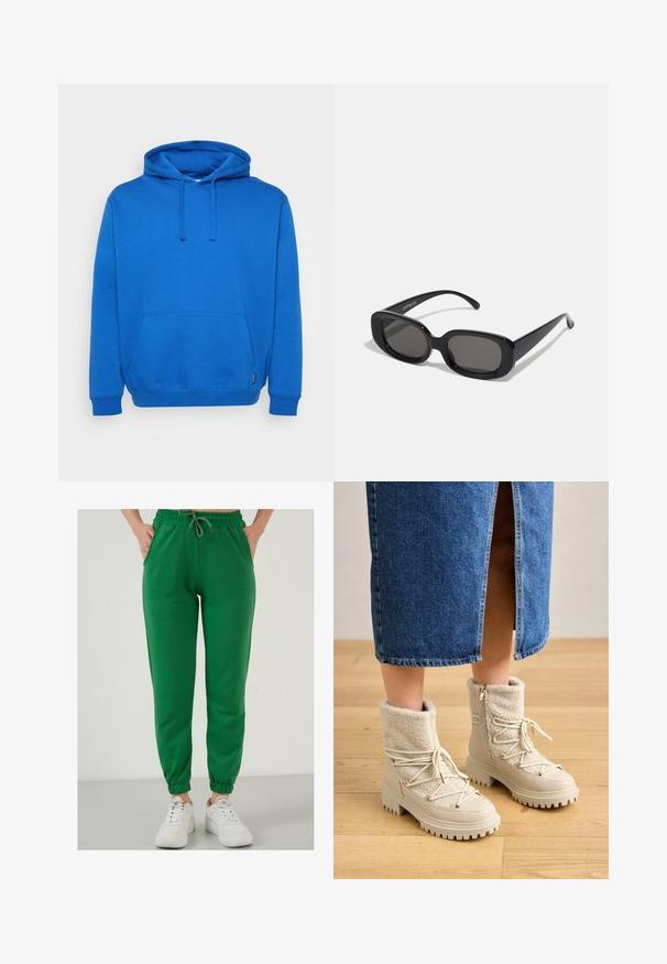 Kék pulcsi kapucnival, puha anyagból készült, elülső zsebbel, húzózsinórral ellátott kapucnival, bordás mandzsettákkal és laza szabással. Minimalista dizájn.; LELA Tréningruha alsók - benetton color; Világos bézs csizmák texturált gyapjú felsőrészsel, kontrasztos sima anyaggal, hangsúlyos fűzőkkel és vastag talppal. Diszkrét cipzár részlet az oldalon.; Fekete téglalap alakú napszemüveg sötét lencsékkel. Vastag műanyag keret, sima textúrával és lekerekített élekkel. Stílusos szárak kinyúlnak oldalra.