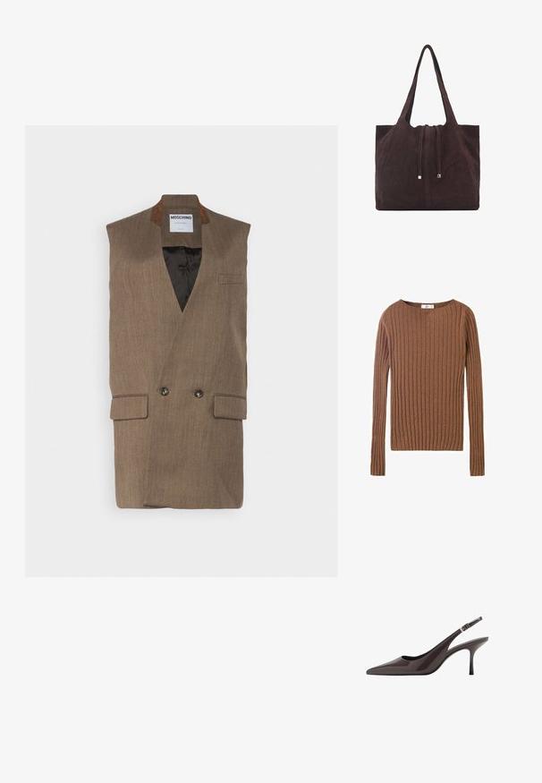 Brązowy prążkowany sweter z długim rękawem i okrągłym dekoltem, prezentujący teksturowany materiał, który podkreśla pionowe linie. Prosty i dopasowany fason.; Brązowa bezrękawnik z podwójnym zapięciem, wykładanym kołnierzem, kieszeniami po bokach i podszewką. Teksturowany materiał z subtelnymi paskami.; Czółenka na obcasie w kolorze ciemnobrązowym z lakierowanej skóry, z wąskim wysokim obcasem i regulowanym paskiem na kostce z klamrą.; Mango - Torba na zakupy
