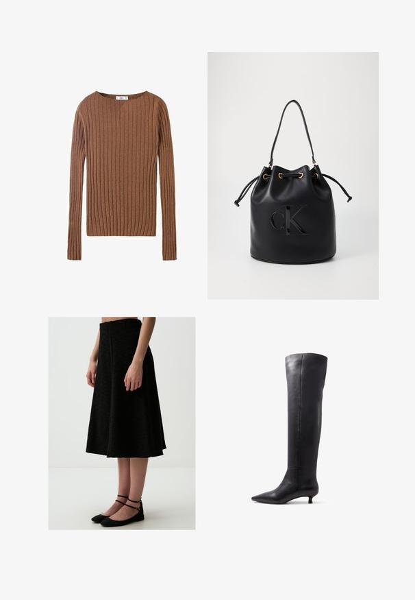 Brauner, gerippter Langarmpullover mit rundem Halsausschnitt, der einen strukturierten Stoff zeigt, der vertikale Linien betont. Einfaches und tailliertes Design.; Schwarzer A-Linien-Rock aus strukturiertem Stoff, mit mittellangem Design und sauberem Bund, kombiniert mit schwarzen Ballerinas mit Knöchelriemen.; Knielange schwarze Lederstiefel mit spitz zulaufender Zehe und kleinem Absatz, die eine glatte Textur und ein minimalistisches Design aufweisen.; Schwarze Leder-Eimer-Tasche mit Kordelzugverschluss, ausgestattet mit einem glänzenden "CK"-Logo auf der Vorderseite und goldfarbenen Hardware-Akzenten.; Schwarze Handschuhe aus transparentem Stoff mit strukturierten floralen und runden Mustern. Längeres Design mit glatter Oberfläche und Etikettendetail auf einem Handschuh.; Schwarzes Kordel-Choker mit Schleifen-Design. Aus glattem Material gefertigt, besitzt es zwei Enden mit silberfarbenen Spitzen. Einfaches und minimalistisches Design.