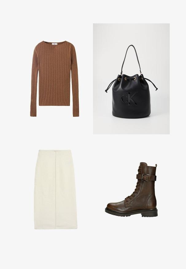 Bruine geribde langemouwen sweater met een ronde halslijn, die een gearceerd textiel laat zien dat verticale lijnen benadrukt. Eenvoudig en aansluitend ontwerp.; Lange ivoorkleurige rok van gestructureerde stof, met een rechte snit en een centrale achternaad. Geen zichtbare hardware of patronen.; Bruine leren veterschoen tot de enkel met een zijgesp, ronde neus, robuuste zool en stiksels voor extra textuur.; Zwarte leren emmer tas met trekkoord sluiting, voorzien van een glanzend "CK" logo aan de voorkant en gouden hardware accenten.