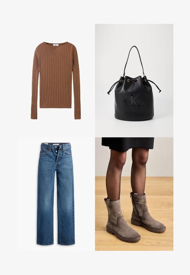 Brun räfflad långärmad tröja med rund halsringning, som visar en texturerad tyg som betonar vertikala linjer. Enkel och figurnära design.; Blå denimjeans med bred bendesign, fem fickor, knappgylf och kontrasterande sömmar. Texturerad tyg med en blekt finish.; Grå mockaboots med dragkedjor på sidan och texturerade sulor. Designen har en åtsittande ovandel och en rund tå, placerad på en kraftig klack.; Svart läder bucket bag med dragsko-stängning, prydd med en glänsande "CK"-logotyp på framsidan och detaljer i guld-ton.